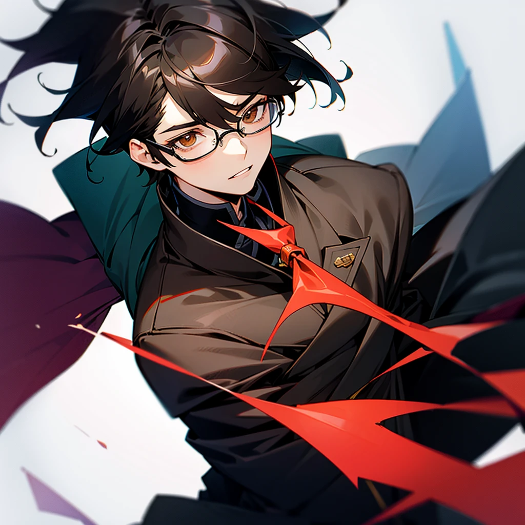 make me a bored looking boy with glasses, with black anime style coat and black hair and brown eyes 