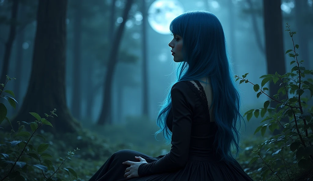 (photorealism:1.2), beautiful woman, in a forest, wearing goth dress, long blue hair, dark lighting, plants in background, moonlight, relaxed pose, realistic, intricate details, cold colors,