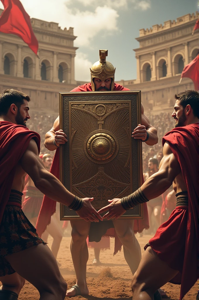 IN THE CENTER A SHIELD WITH THE NAME BATTLE OF THE COLISEUM WARRIORS BACKGROUND