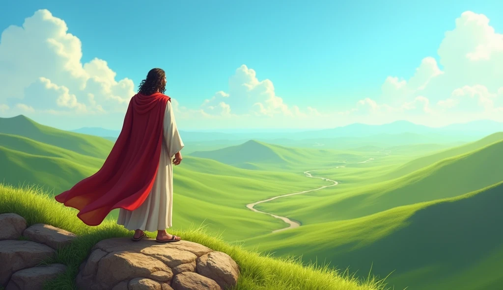 Moses looking out over the Promised Land from a hilltop, with a lush green horizon. The sky is blue and sunny, conveying a sense of accomplishment and anticipation