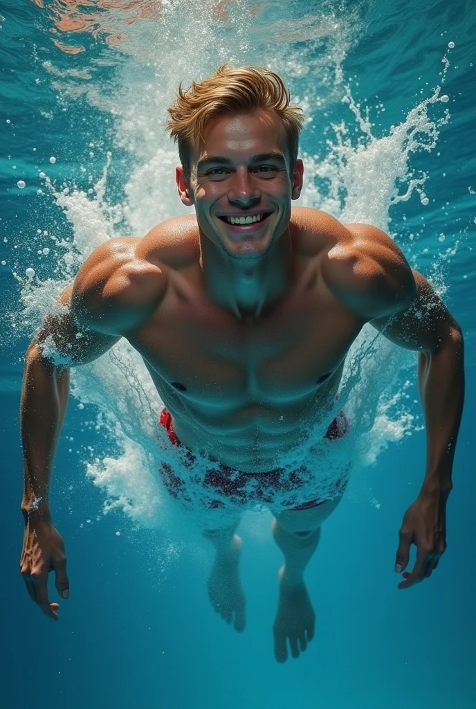 1 young man A diver in the middle of a dive in the Olympics(Photograph taken from the ground up )) oil painting intence cold colors palette ((Highlight the rippling muscles  smiling, wearing he focus should be on him  powerful physique)) by Aaron Horkey and Jeremy Mann, masterpiece, best quality, Photorealistic, ultra-high resolution, photographic light, illustration by MSchiffer, fairytale, Hyper detailed A mixture of photography and painting, simetryc Composition, Perfect Divine Proportione, 8k resolution A young man, white skin, smoth body, thin face, straight nose, thin lips, square chin, large light blue eyes, short blond wavy hair, in roberto ferri style, aesthetic slim athletic body, ginger realistic skin, gorgeous, detailed tonned muscles, barefoot, perfect anatomy, muscled fitness body, The man shirtless, barefoot, pantles, big erected detailed perferct penis, confident gaze,