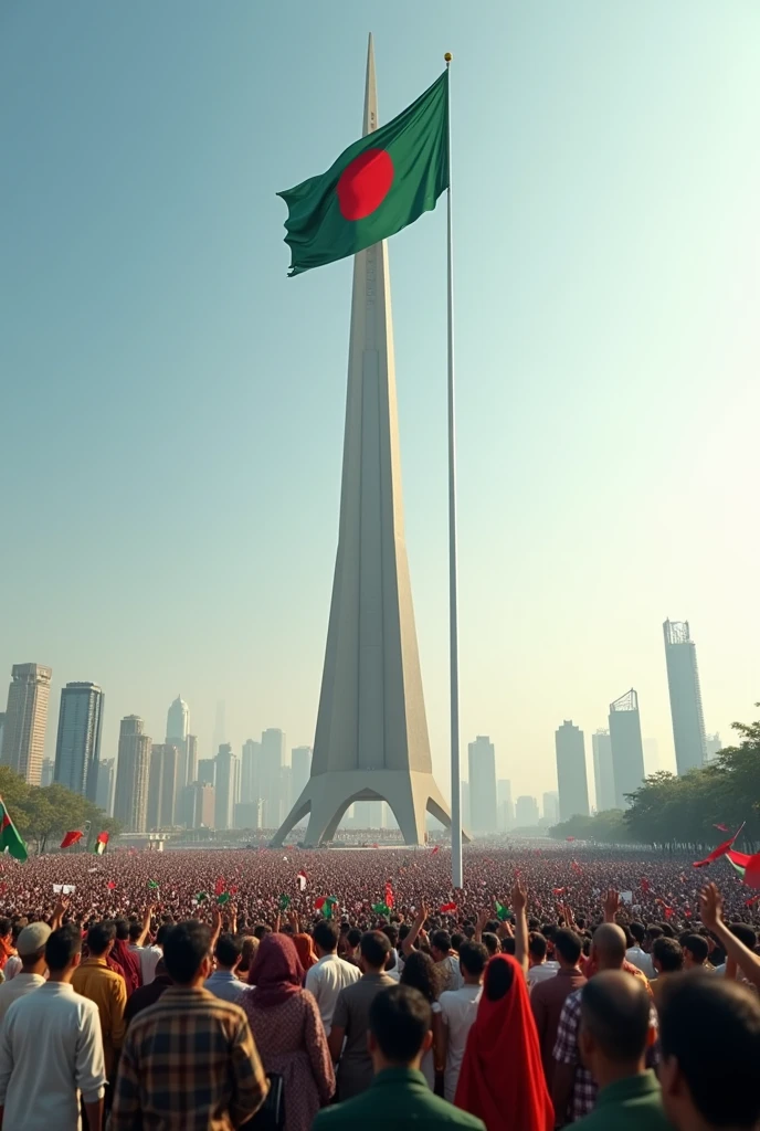 Bangladeshi Flag in Tower Front of massive people