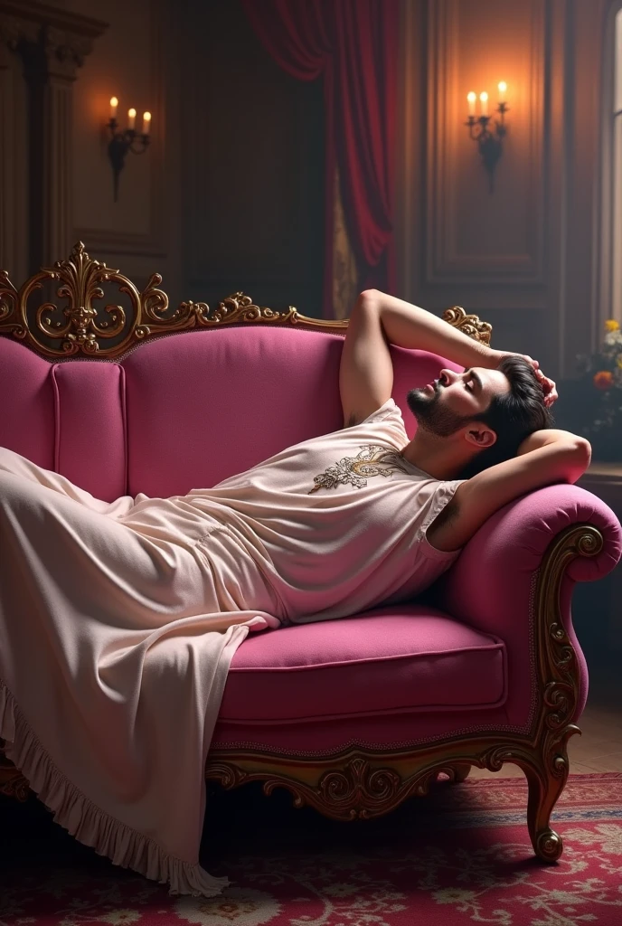 A bard-themed sofa from the d system&d, light pink coloring Make a man lying sensually on it, using the https reference as a template://pin.it/6keiy7bk1