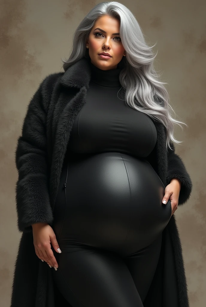 (For Animesty:1:5)woman with a voluptuous body,chic,grays long hair,Waist slender,voluptuous and curvilinear body,wearing a long coat,ultra wide hips,wearing a long sleeved coat and turtleneck,ultra giant breasts,Caucasian skin.
