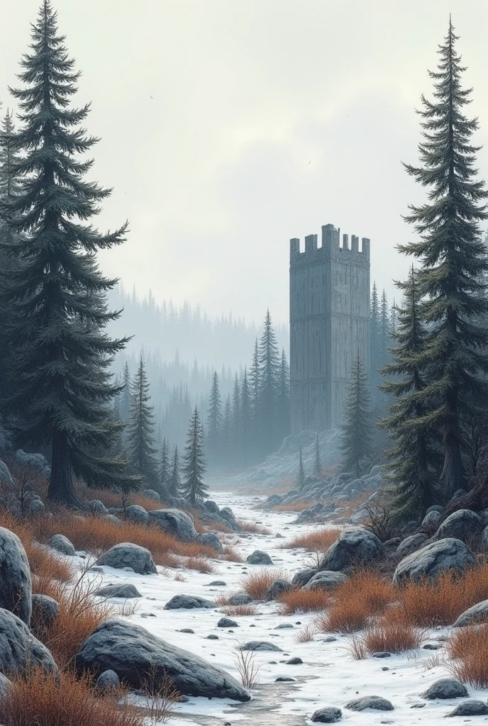 Realistic drawing of a post-apocalyptic landscape in the style of The Last of Us where you can see trees and a lot of vegetation and destroyed buildings in winter