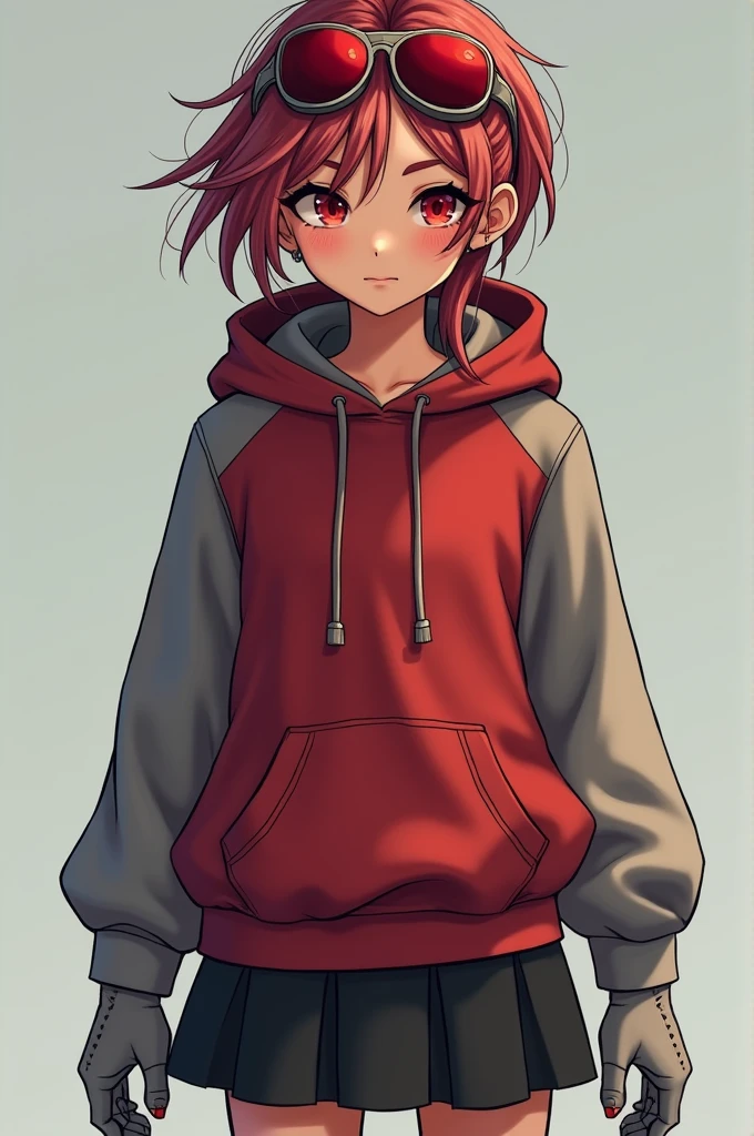 creates a beautiful tanned girl with thin hair styled tousled red and silver beach waves,
with a crimson red and gray hoodie with a black skirt that reaches to the knees, with gray sports shoes, she has intense opaque red eyes, she has a mole under her left eye, she also has red aviator glasses on her head as well. He has gray leather gloves with 1 gems embedded in each hand