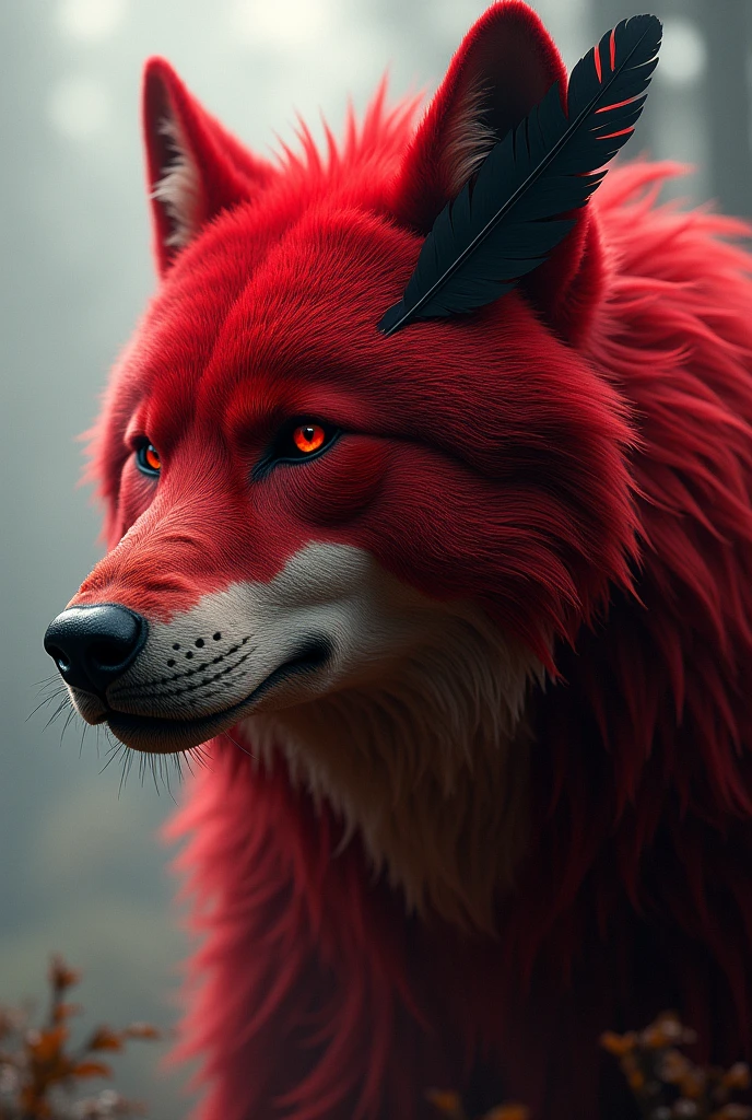 Wolf tail red fur with red eyes and a red feather and a black feather on the right side of the head and 4 meters tall