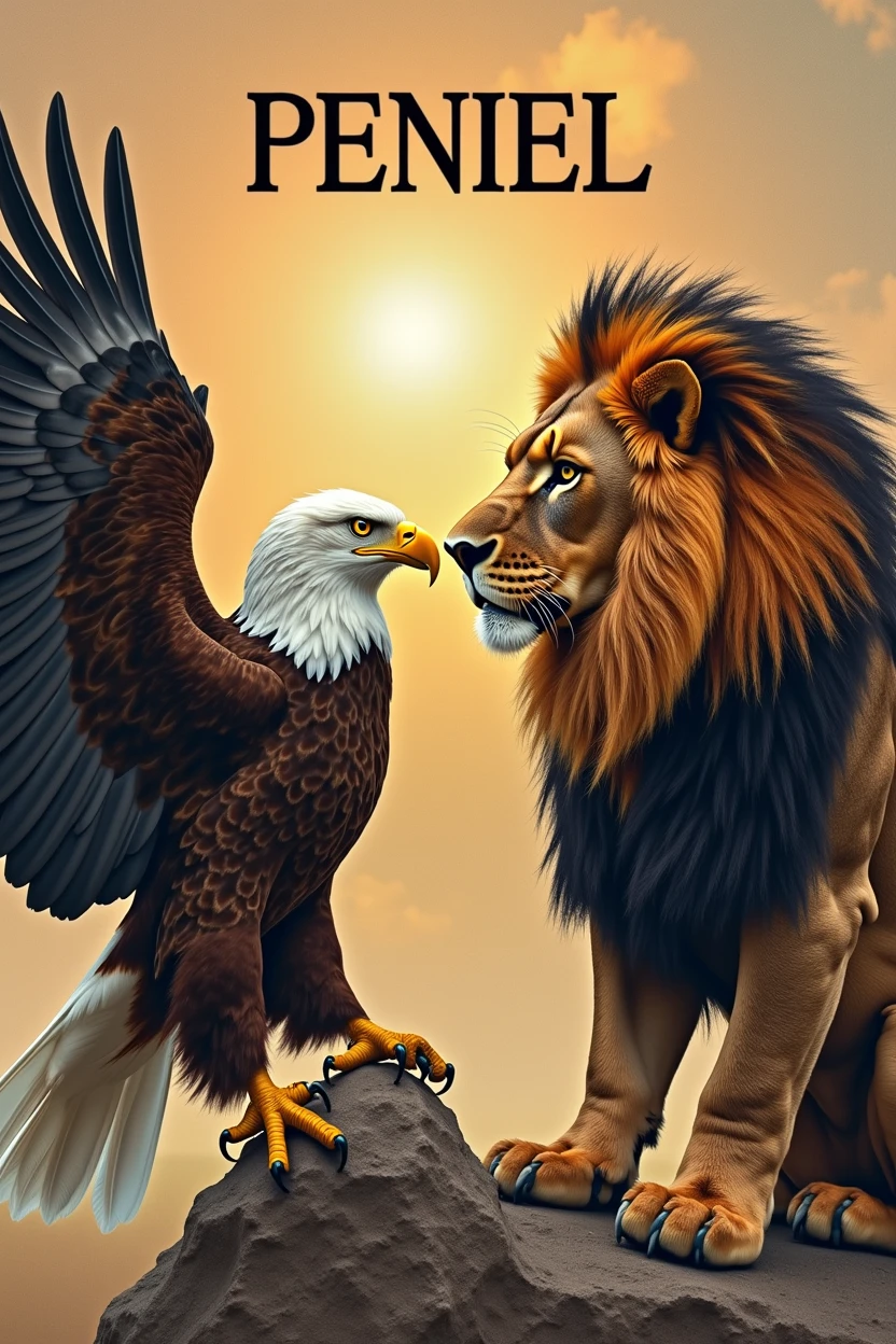 Eagle and lion facing each other and the word PENIEL written above