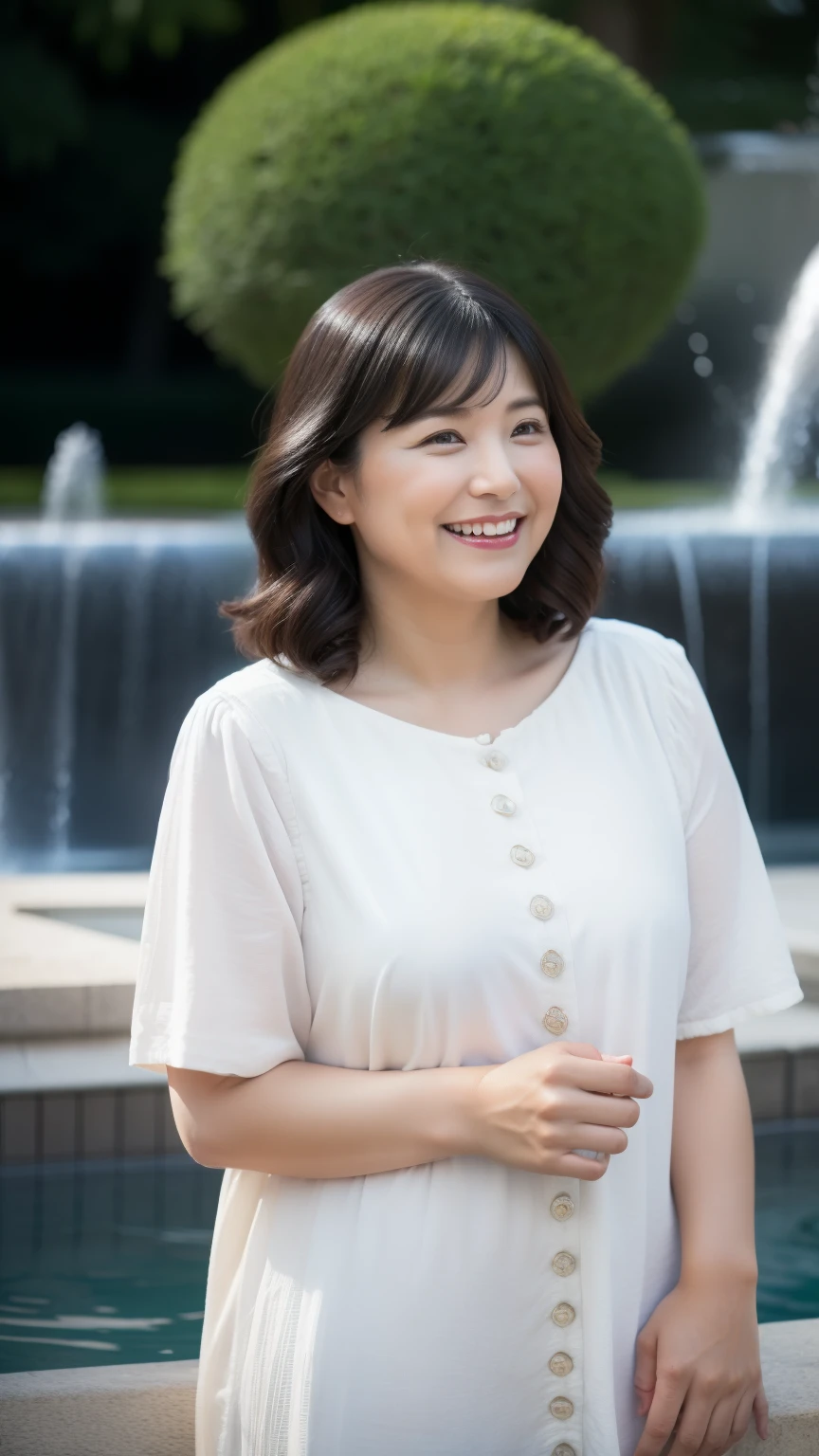 最high quality, In 8K, whole body, Real, Upper Body, high quality, High resolution, Detailed face, Detailed eyes, Thick lips, (Look at the viewers), alone, Middle-aged women, , 60 years old, , Wavy Hair, , Wearing short sleeves, Standing in front of a fountain, Wrinkles around the eyes, Smiling with teeth showing, Background Blur