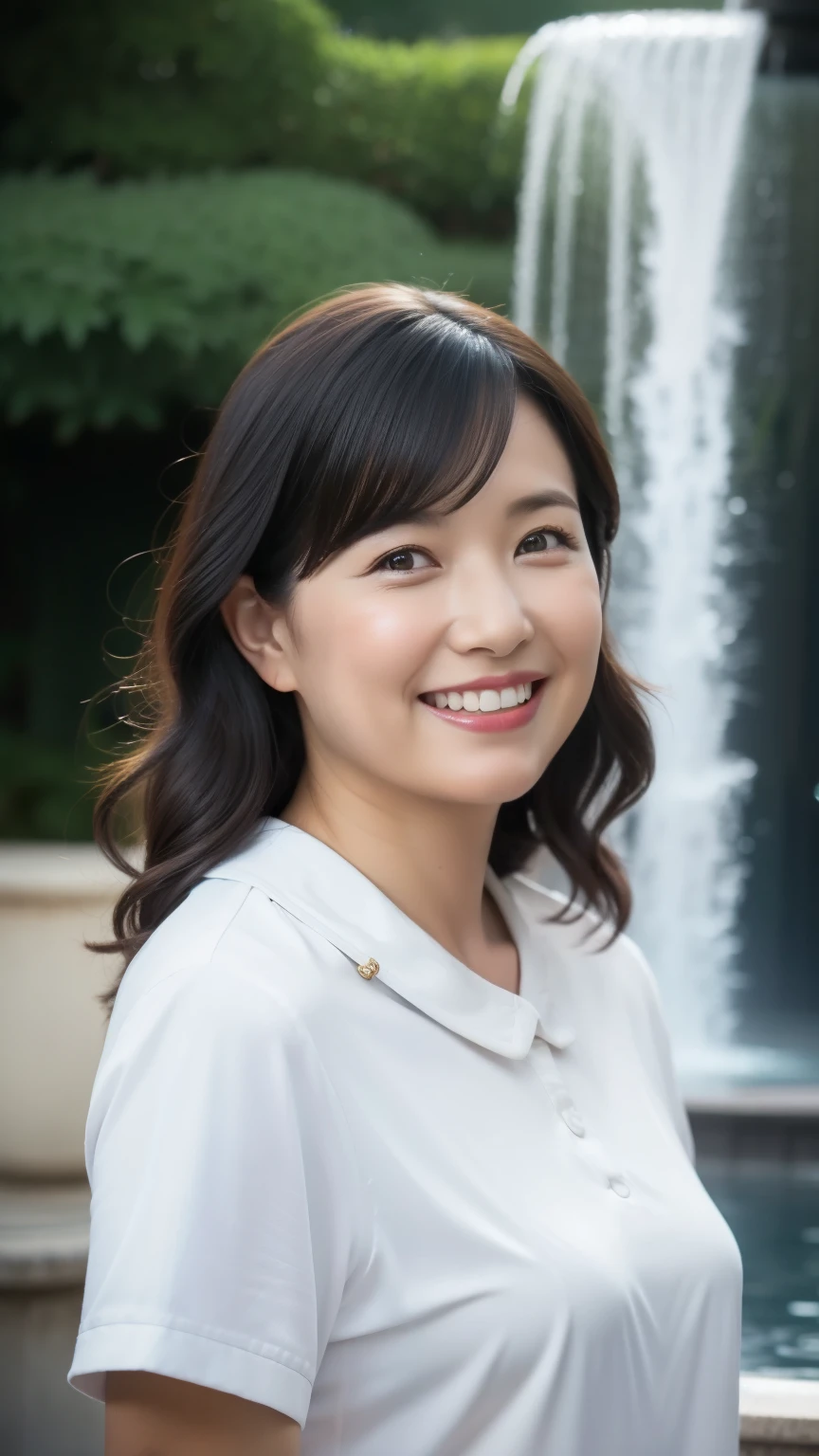 最high quality, In 8K, whole body, Real, Upper Body, high quality, High resolution, Detailed face, Detailed eyes, Thick lips, (Look at the viewers), alone, Middle-aged women, , 60 years old, , Wavy Hair, , Wearing short sleeves, Standing in front of a fountain, Wrinkles around the eyes, Smiling with teeth showing, Background Blur