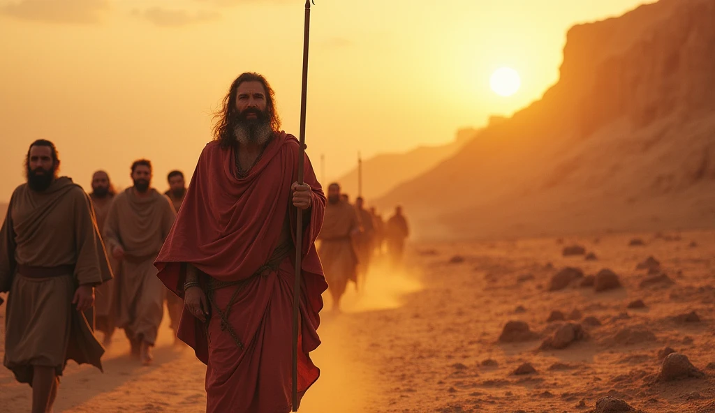 Moses leading the Hebrew people through the desert, with a barren landscape in the background and a sense of hope in the air. Colors are warm, reflecting the setting sun.