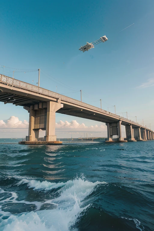many satellite in sky, run faster motion metro rail, bridge in sea, 