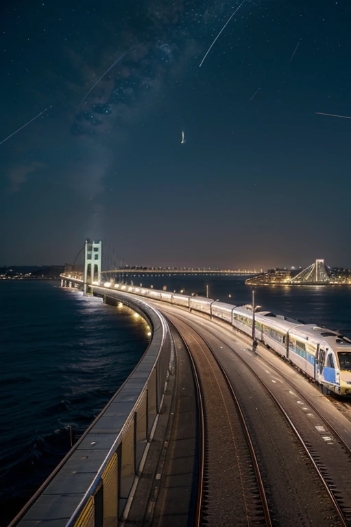 many satellite in sky, run faster motion metro rail, bridge in sea,
