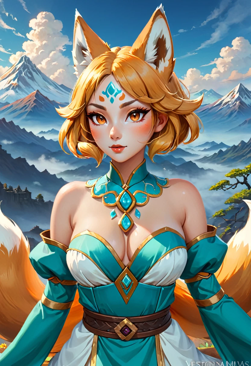 Anthropomorphic feminine kitsune enchantress. Official Art – An Award-Winning Digital Masterpiece In 4K Ultra HD, Extreme Detail And Intricate Realism. Symmetrical Face. This Concept Art Brought To Life By The Hands Of Artists Like Wlop & Artgerm In A Stunning 2D Vector Illustration. Breath of the wild. Background Is A Panoramic Vista.
