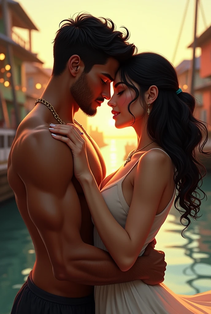A couple kissing a Venezuelan sailor. short, muscular, black-haired brunette and a short, black-haired white girl