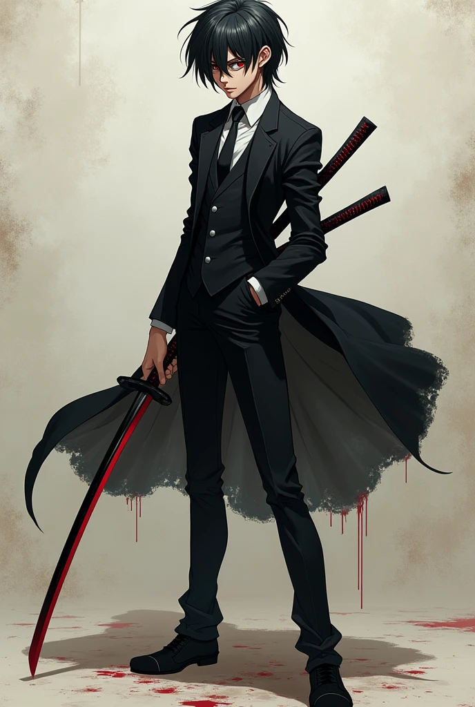 An anime character that has Dazai-style hair with a black suit, black pants, black shoes, red eyes, a black and red katana, a psychopath smile, and light black glasses. 