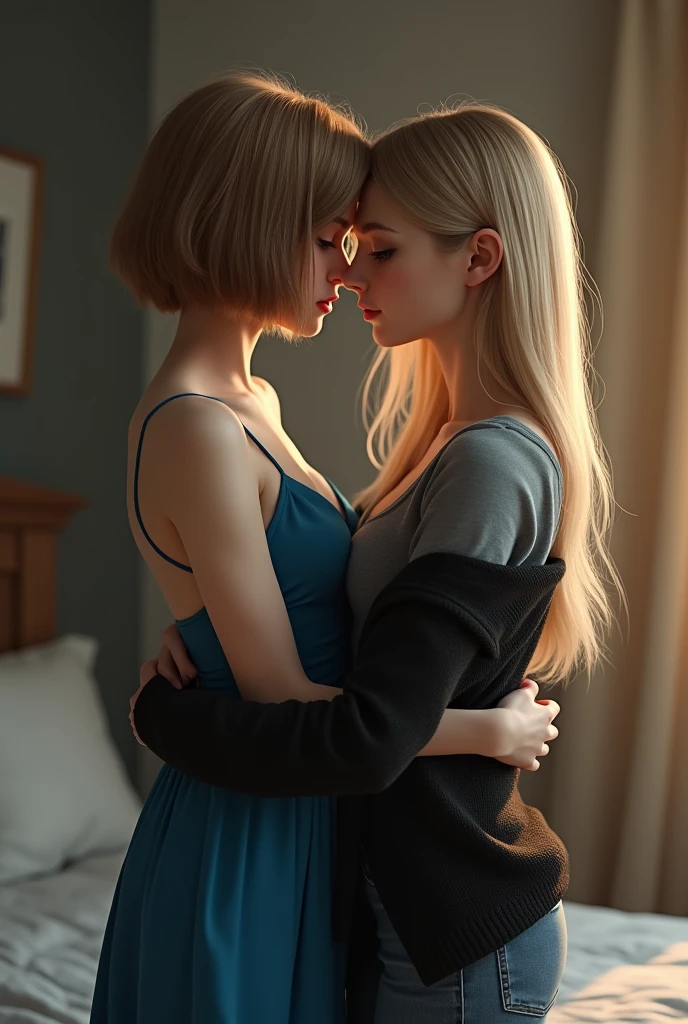 two girls kissing. one thin with very short thick thin dark blond hair to her ears in a blue dress, and the second one is thinner with very long light brown hair bleached at the ends, in a grey top and a black sweater with the hood removed