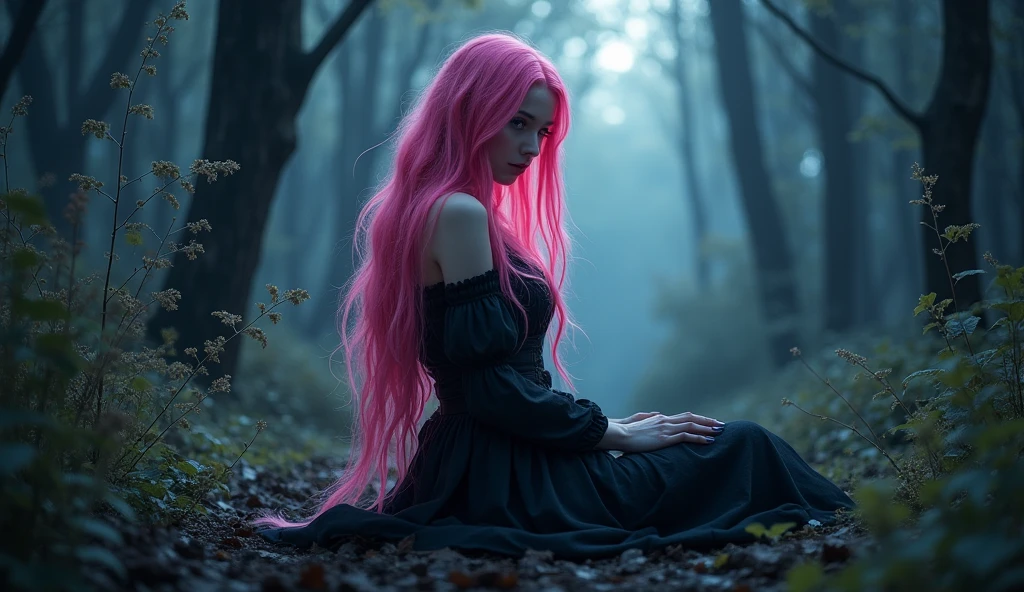 (photorealism:1.2), beautiful woman, in a forest, wearing goth dress, long bright pink hair, dark lighting, plants in background, moonlight, relaxed pose, realistic, intricate details, cold colors,