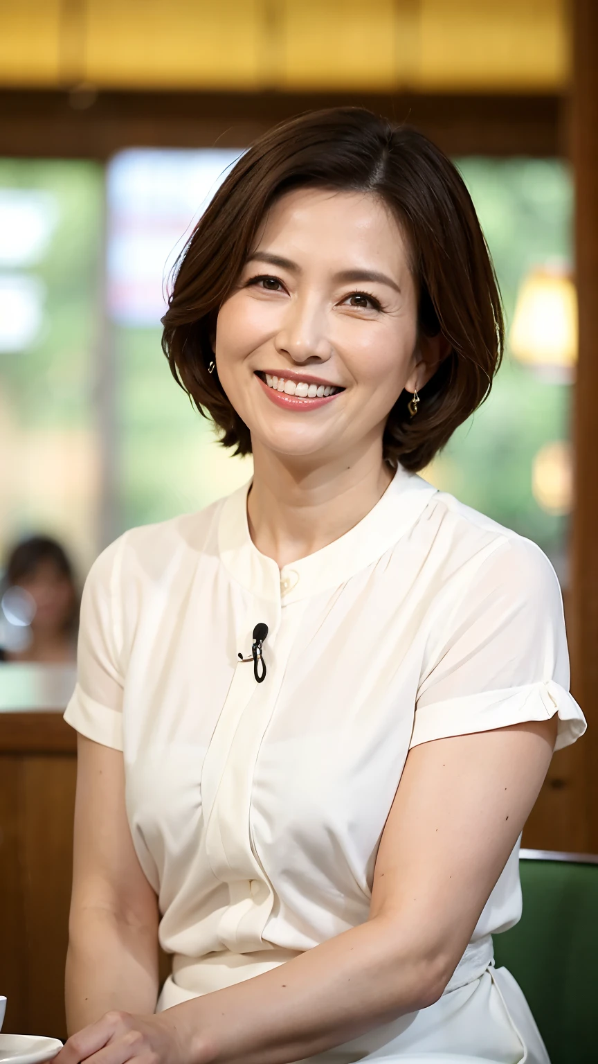 8k wallpaper, masterpiece, Highest quality, Very detailed, One Mature Woman, 50 years old, Become very clear, Wearing a spring-like shirt, Skin dents, Captivating smile, Looking at the audience, No microphone, Plump, Curvaceous, Attractive face, Smiling with teeth showing, I was happy, sitting in a cafe, Background Blur