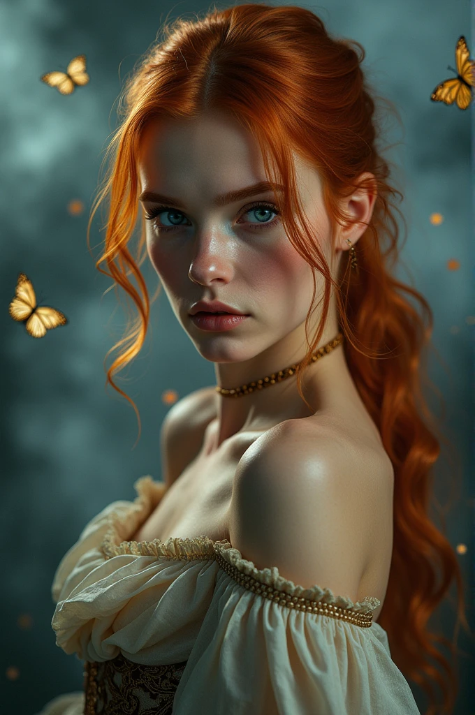(solo, full body photo:1.3), (action packed:1.3), (haze, fog, mist:1.3), chiaroscuro, best quality, photorealistic, 1woman, (cute), (24yo:1.2), redhead, long ginger hair highly detailed, 1700'S, digital photography, art by artgerm and ruan jia and greg rutkowski surreal painting gold butterfly filigree, broken glass, (masterpiece, sidelighting, finely detailed Fashionable eyes: 1.2) (perfect oval large eyes that gazes at the viewer), beautiful detailed face, blue gorgeous perfect eyes, (blonde hair ponytail), (attractive young woman:1.3), (thick amazing hair), (seductive:1.1), (blushing:1.1)