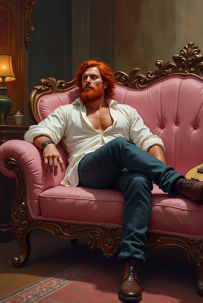 A bard-themed sofa from the d system&d, light pink coloring Make a man lying sensually on it, using a red haired and bearded man.