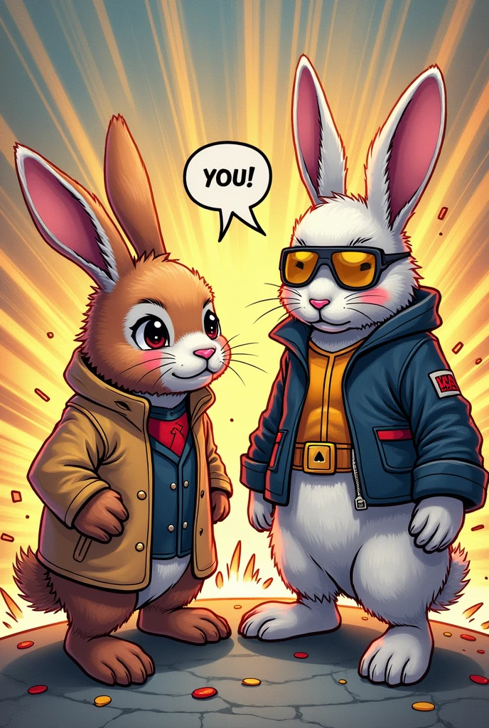 Make a comic page with adorable rabbits dressed as cyclops, Gambit and Jinn Grey from X-Men


