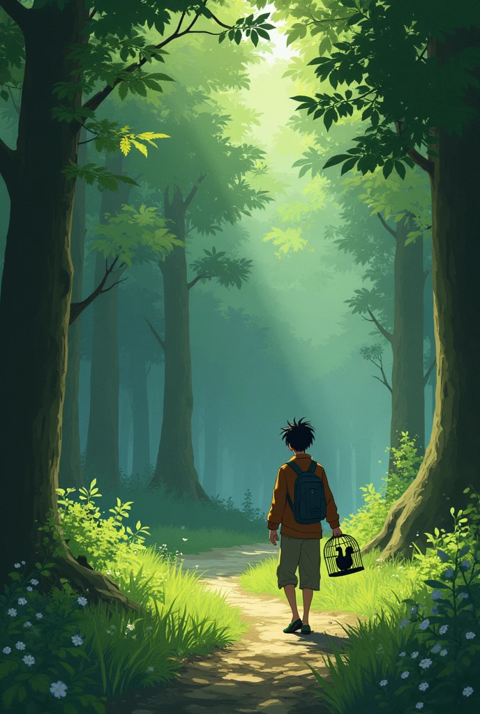 studios Ghibli, アニメ, natta, man holding a black chicken inside a cage, walking in the forest