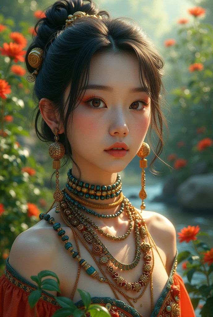 a Korean , with several necklaces on the neck, Garden