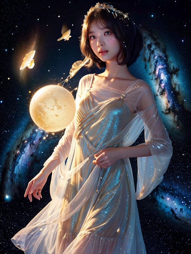 8k、fine、beautiful girl、milky way、Milky Way、A short translucent dress designed with stardust、One bird、hair that shines through the light、Glowing Skin。