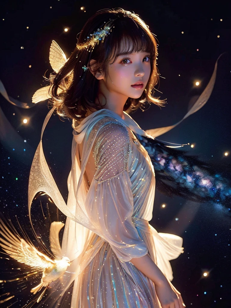 8k、fine、beautiful girl、milky way、Milky Way、A short translucent dress designed with stardust、One bird、hair that shines through the light、Glowing Skin。