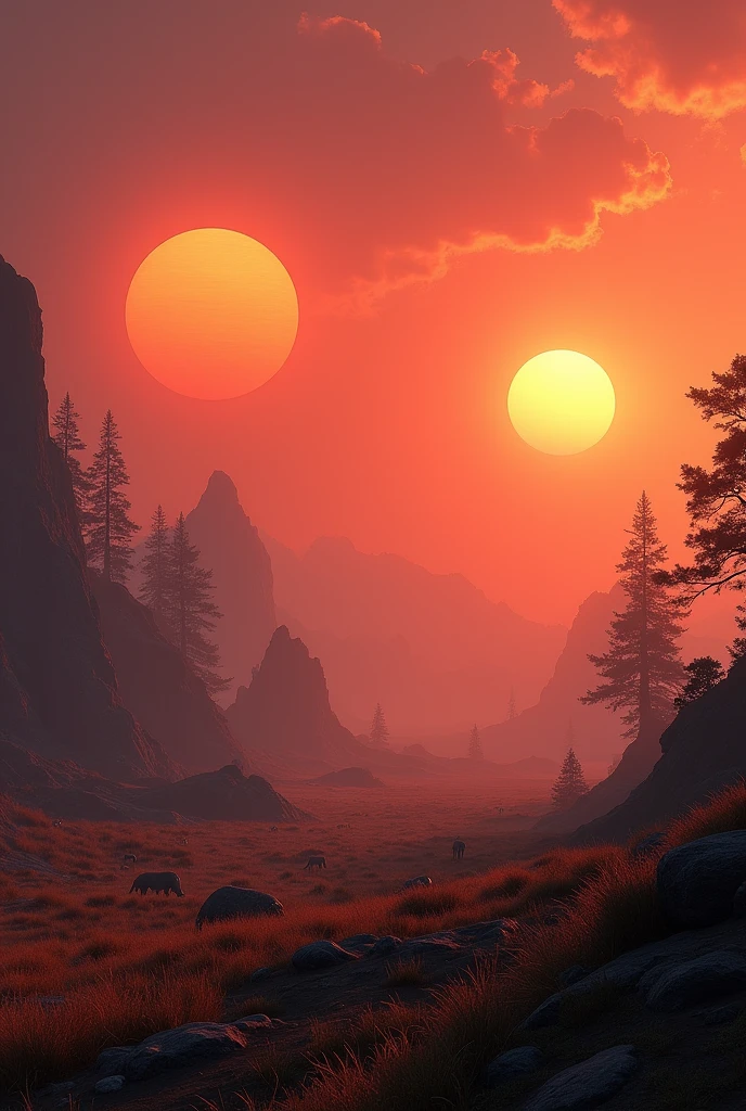 landscape on a strange alien planet, twin suns, atmospheric colors, fields, trees in the background, dense foliage, animals, Picturesque, photoshot, synthetic wave