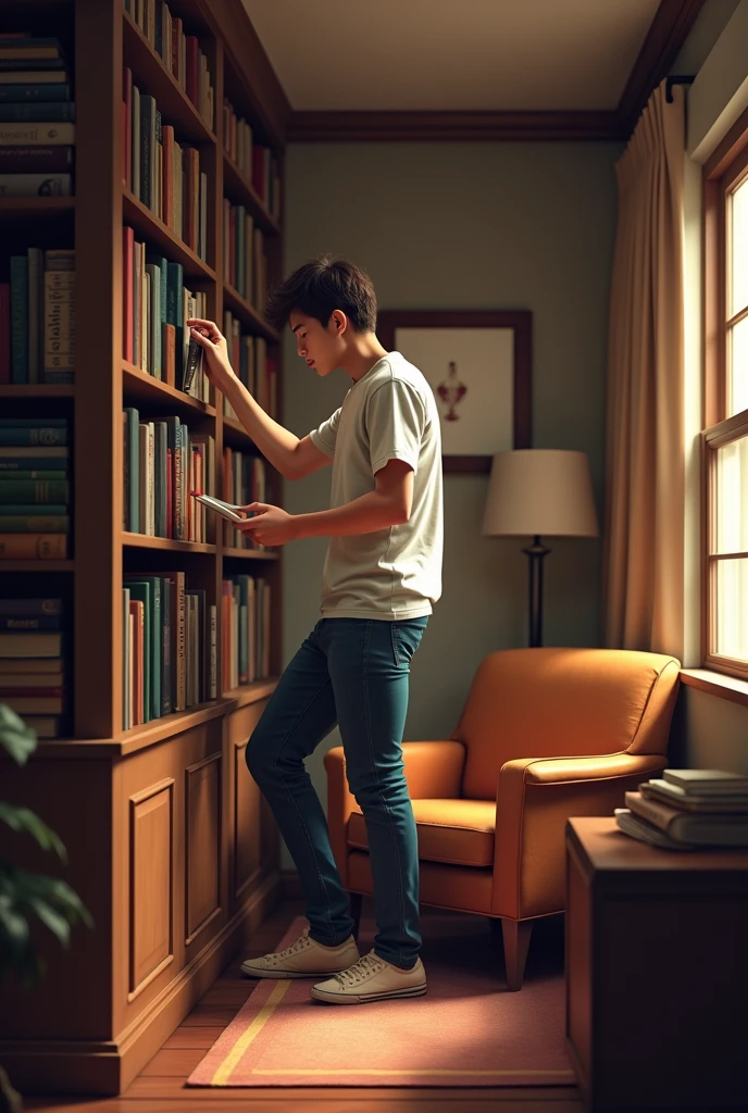 He gets up and takes a book from his shelf. 