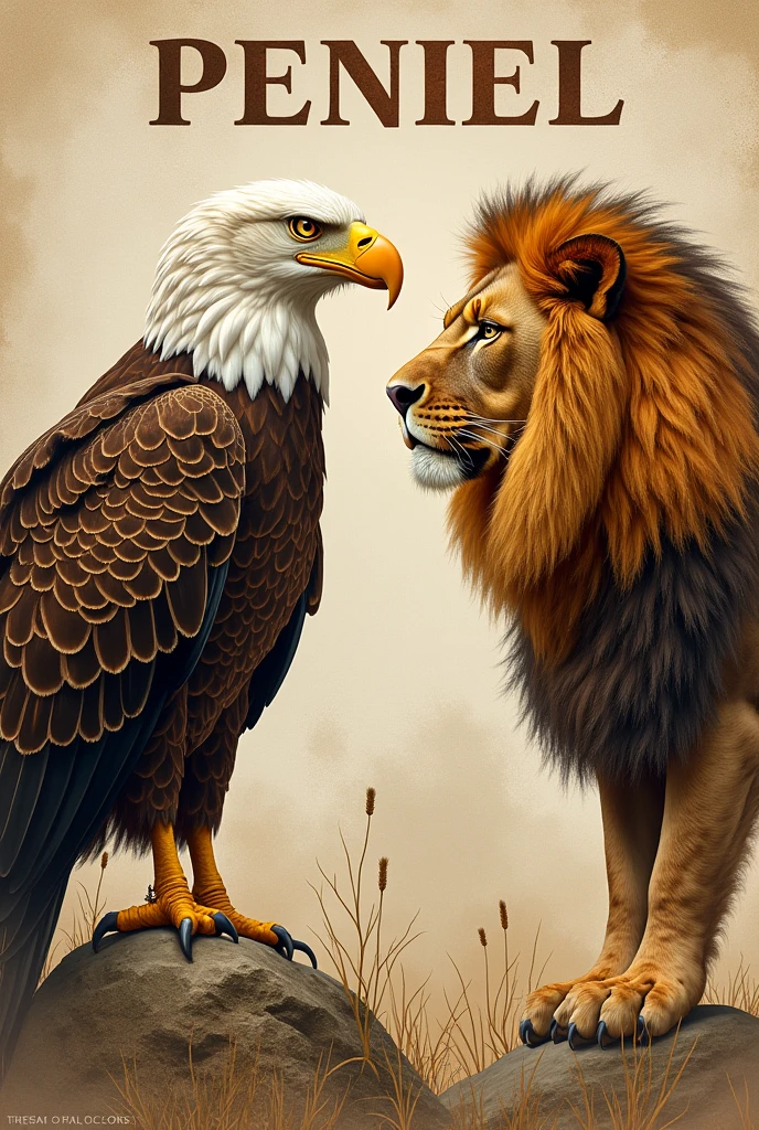 Eagle and lion of the tribe of Judah facing each other and just above it written PENIEL