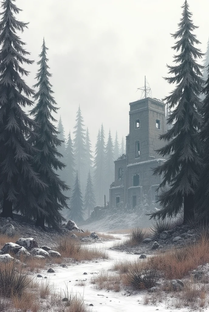 Realistic drawing where you can see the traces of a post-apocalyptic landscape in the style of The Last of Us, where you can see trees and a lot of vegetation and very destroyed buildings in winter.