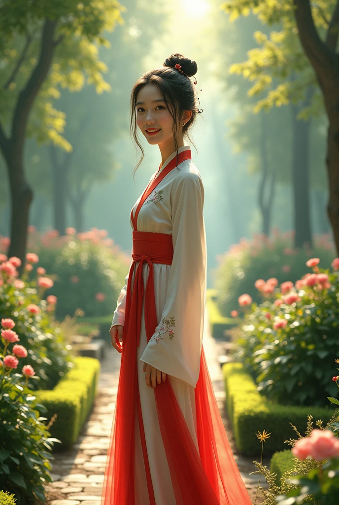 Create a tall beautiful Korean in a garden