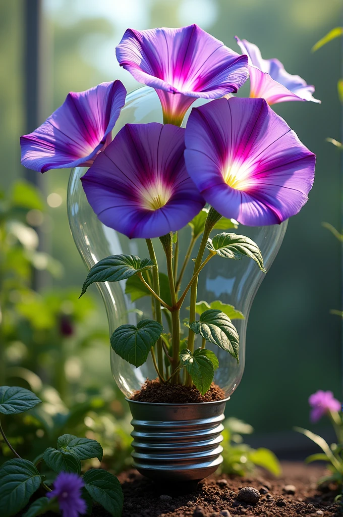 Ipomoea purpurea , planted in a lamp bulb