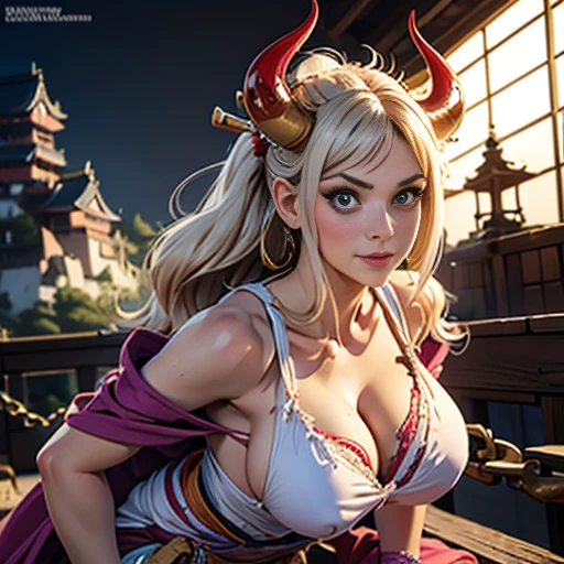 text, Highest quality, masterpiece, 4K, Absurd resolution, Ultra-high resolution, 8k, Actual, Realistic, Bright colors, Bokeh, Vibrant color palette, Great studio lighting, Very detailed, Detailed eyes, Detailed skin, Detailed Hair, Detailed face, Detailed fabric, BREAK, YamatoV2(one piece), sexy Pose, Perfect body skinny, Fine and beautiful eyes, Beautiful Lips, Highly detailed face, Long eyelashes, sexy, horn(Wrapping , Left and right pair, multicolo Red), large breasts , Cleavage, Slim waist, smile, Torn clothes, Loincloth, Hands in chains, Very detailed, Bright colors, ,The clothes are see-through , full-body, dynamic angle, (background is Japanese Castle)