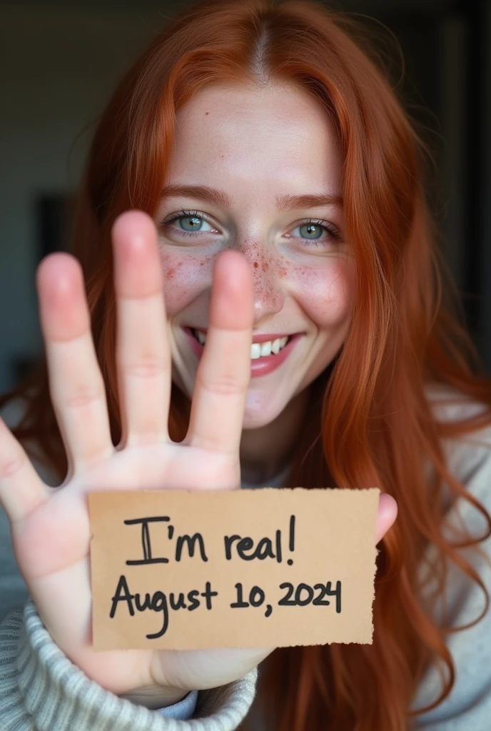 A selfie-style photo of a beautiful 20-year-old influencer with long red hair and freckles. She is smiling at the camera. Her left hand is held up in front of the camera, showing her entire palm, while her right hand holds a piece of paper with a handwritten message that says 'I'm real! August 10, 2024'. The handwriting on the paper is written with a pen, not a marker, and is clear and casual. The background is slightly blurred to keep the focus on her face and the sign. The overall image quality should be somewhat low, giving it a more candid and natural feel.