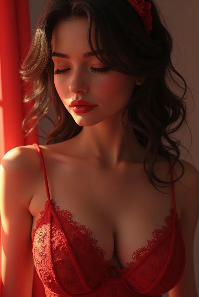 (best quality, ultra-detailed, photorealistic: 1.39), bright and vibrant colors, studio lighting, romantic expression, Just a girl Beautiful spaghetti strap dress, dress with lace details, Beautiful medium breasts, detailed skin, perfect lips, red lips, just a girl in love, cinematic lighting