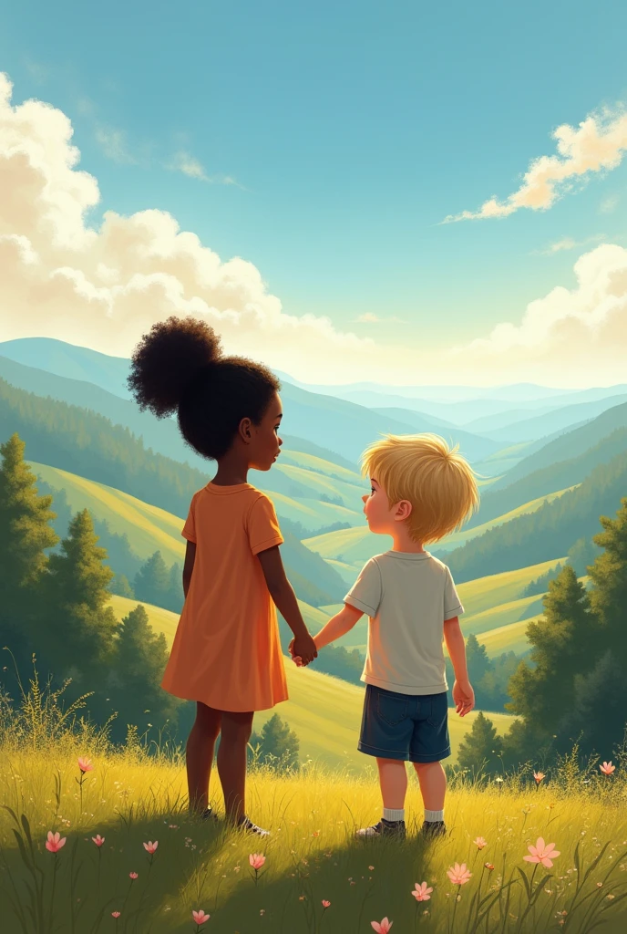 Black girl and white boy holding hands looking at the landscape