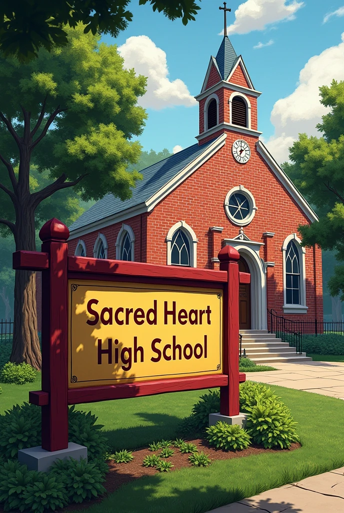 A board written sacred heart high school colored in dark yellow and alphabet in maroon behind it a church painted is a church built with bricks surrounded by trees