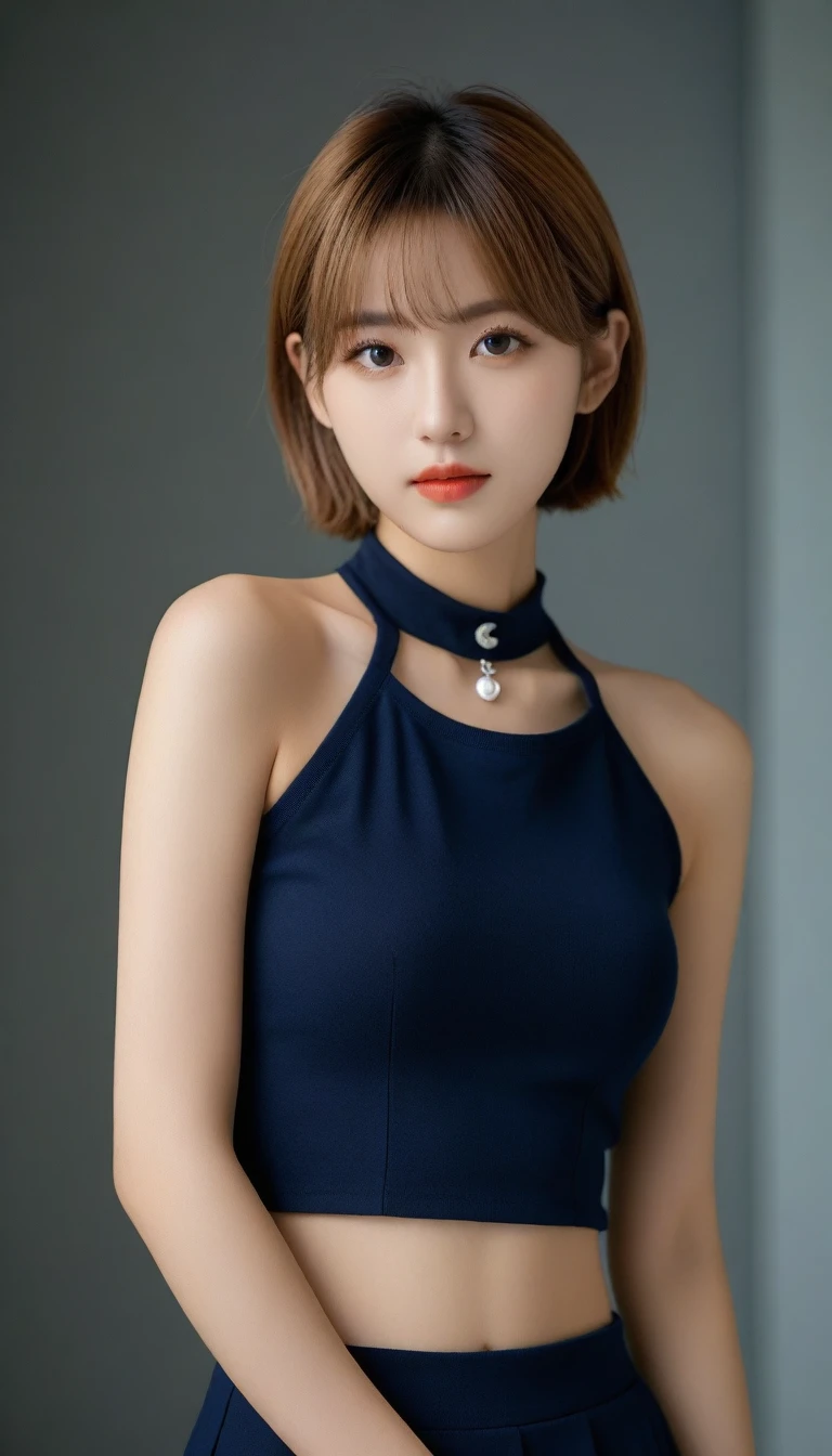 8k, Ultra-high resolution, Highest quality, masterpiece, 三分割法によるphotograph,Surreal, photograph, 1 Girl, (:1.3), pretty girl, Cute Face, 細部までBeautiful Eyes, 細かくdetailedに,masterpiece,One Girl:1.2,Japanese female announcer,cowboy shot,light smile,Blonde hair,Bowl cut,Sailor, (Short-sleeved sailor uniform, Navy blue mini skirt),(Perfect female body:1.4)、(女の子のポートレートphgraph:1.4)、(Photorealistic images:1.4),(Beautiful Face:1.4),Beautiful and attractive eyes、Beautiful Eyes、(Tight waist:1.4)、(Beautiful girl with perfect body proportions:1.4),Red lips,(choker:1.4),Looking at the audience,(((Ideal body type))),A-cup small breasts :2,、Portraiture:2、Perfect Anatomy、鮮明なdetailed、detailed,Fashion magazine cover,Thin lips,Gray background ,完璧でBeautiful Face ,完璧でCute Face, Skin with attention to detail, Perfect limbs、Narrow waist,Looking at the audience,(((Ideal body type))),A cup small breasts :2,Portraiture:2,Perfect Anatomy,鮮明なdetailed,detailed,Surreal,Light and shadow,glowing
