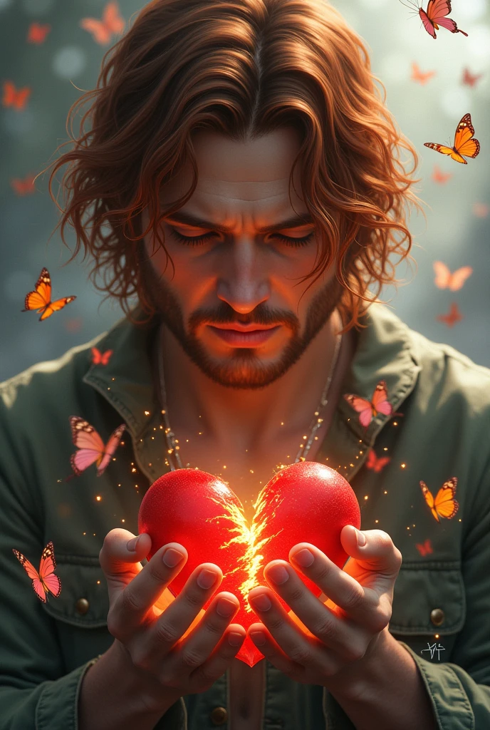 Man with wavy copper hair with a broken heart in his hands and surrounded by butterflies 