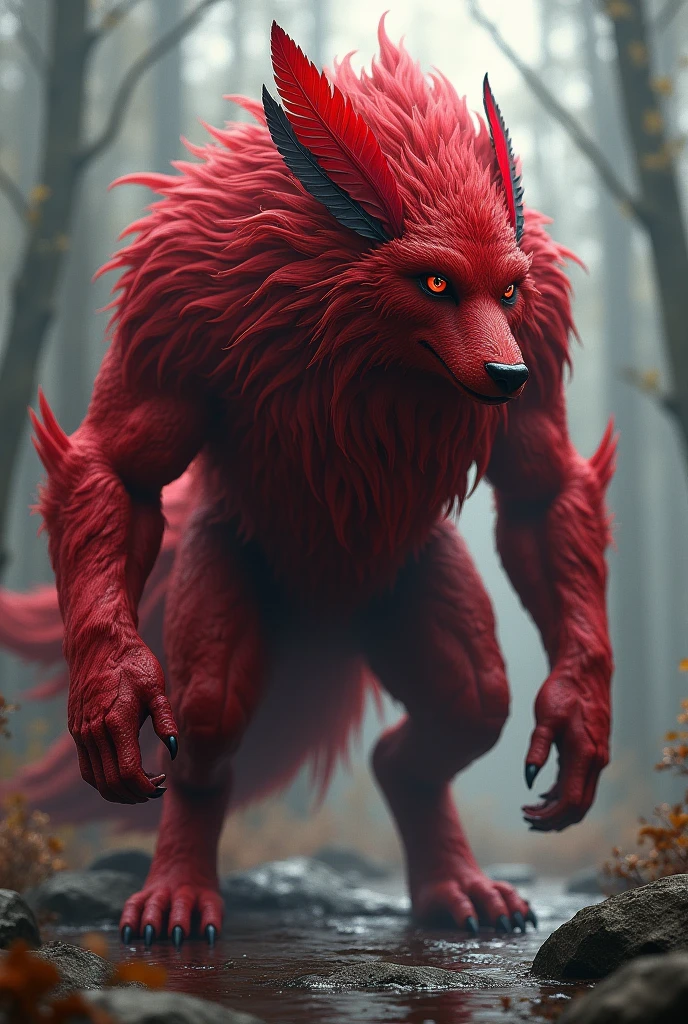 Wolf tail red fur with red eyes and a red feather and a black feather on the right side of the head and 4 meters tall