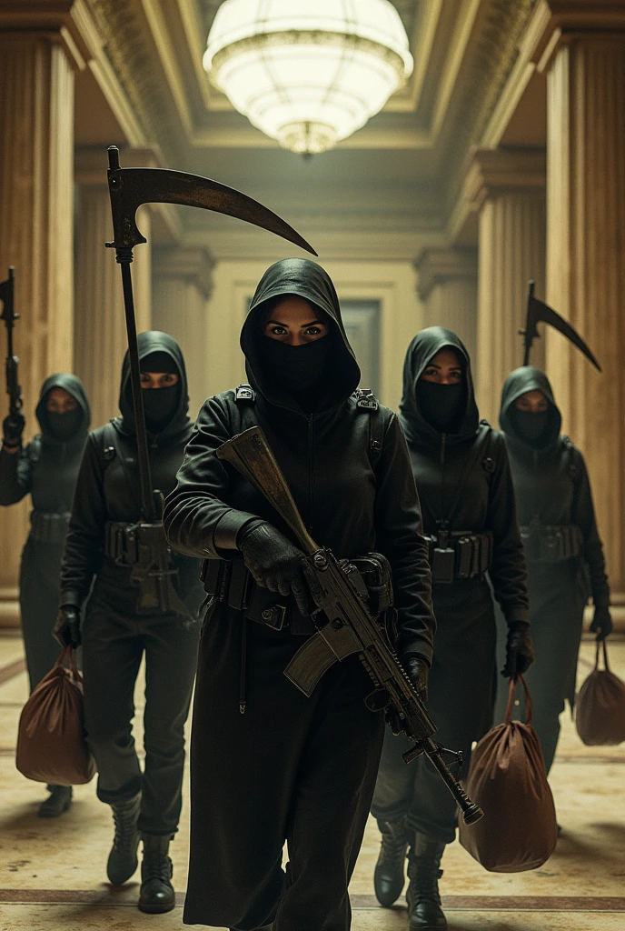 A team of 6 women wearing balaclavas who take hostages with their scythe weapons who rob a large bank with several bags of money 