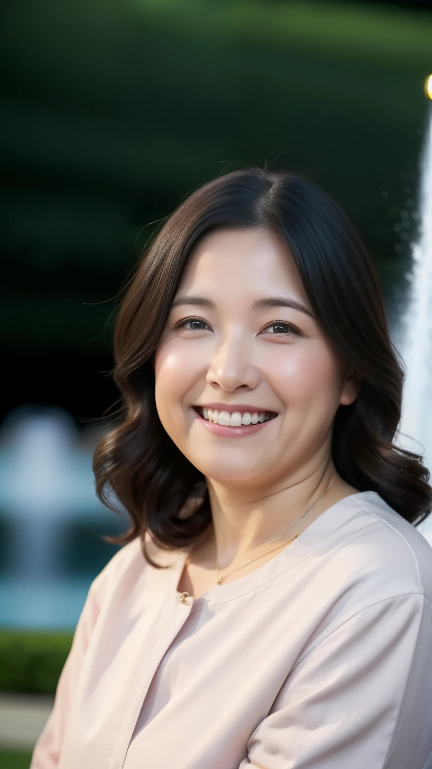 最high quality, In 8K, whole body, Real, Upper Body, high quality, High resolution, Detailed face, Detailed eyes, Thick lips, (Look at the viewers), alone, Middle-aged women, , 60 years old, , Wavy Hair, , Wearing short sleeves, Standing in front of a fountain, Wrinkles around the eyes, Smiling with teeth showing, Background Blur