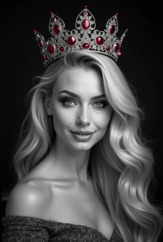 (photorealism:1.2)

A stunning alluring blonde hair woman, that exudes seduction and power. She is smiling in the image, make the image black and white. Her eyes however does have color. Her eyes are natural blue. Her lips are small. She has a crown on her head and it has color.