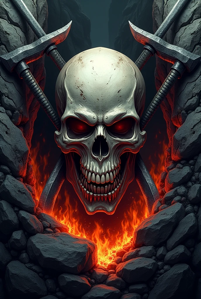 Skull brand logo, rock, heavy metal, skewers and cleavers, flames, embers and coal