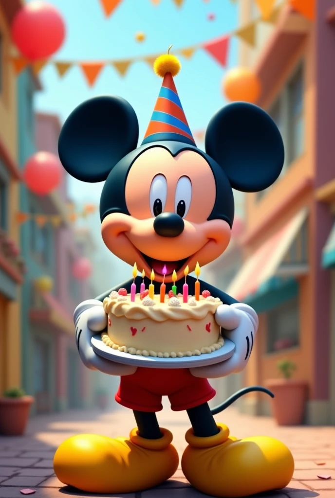 Create Mickey Mouse holding a birthday cake 
