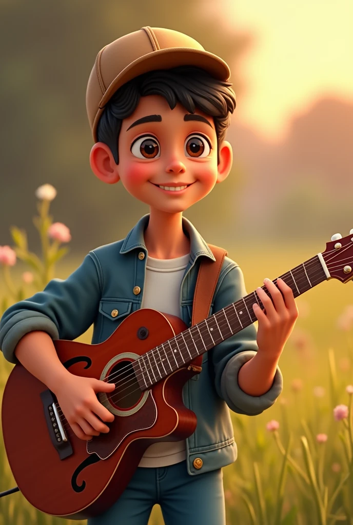 A handsome teenage boy with a cap playing a guitar 

